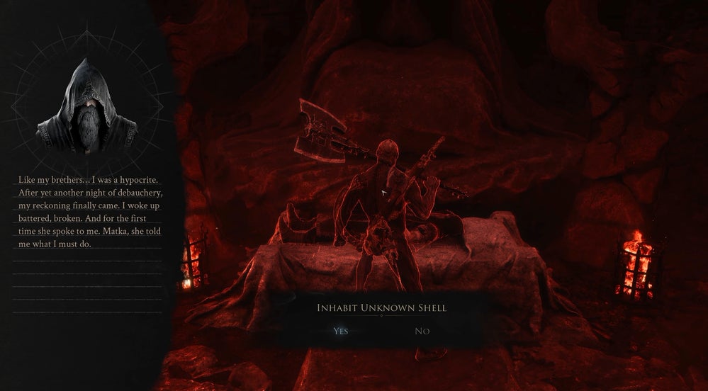 Mortal Shell 2's Harbinger discovers Smert, a Shell in the game, just before deciding to inhabit it.