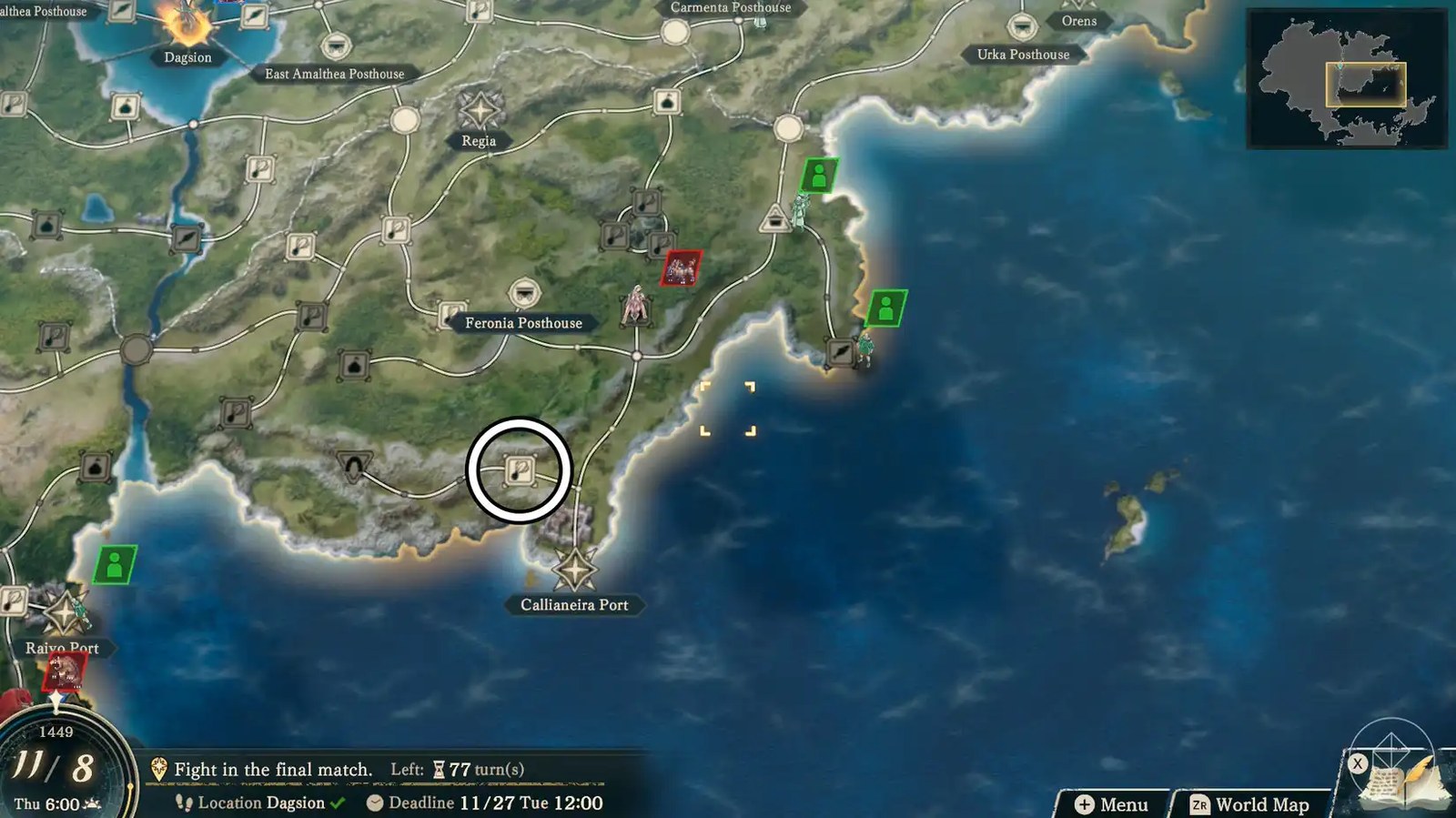 A Fire Emblem: Fortune's Weave screenshot showing the location of the Sunlit Garden node