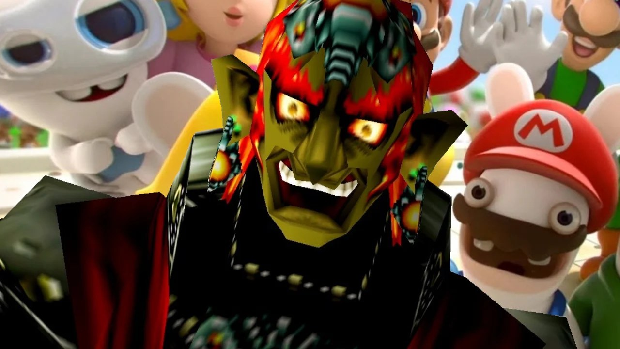 The Legend of Zelda: Ocarina of Time-era Ganondorf superimposed over a shot from Mario + Rabbids.