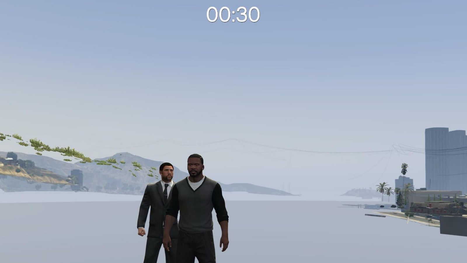 Franklin and his bodyguard, suspended in the void. A 30-second timer hovers overhead.