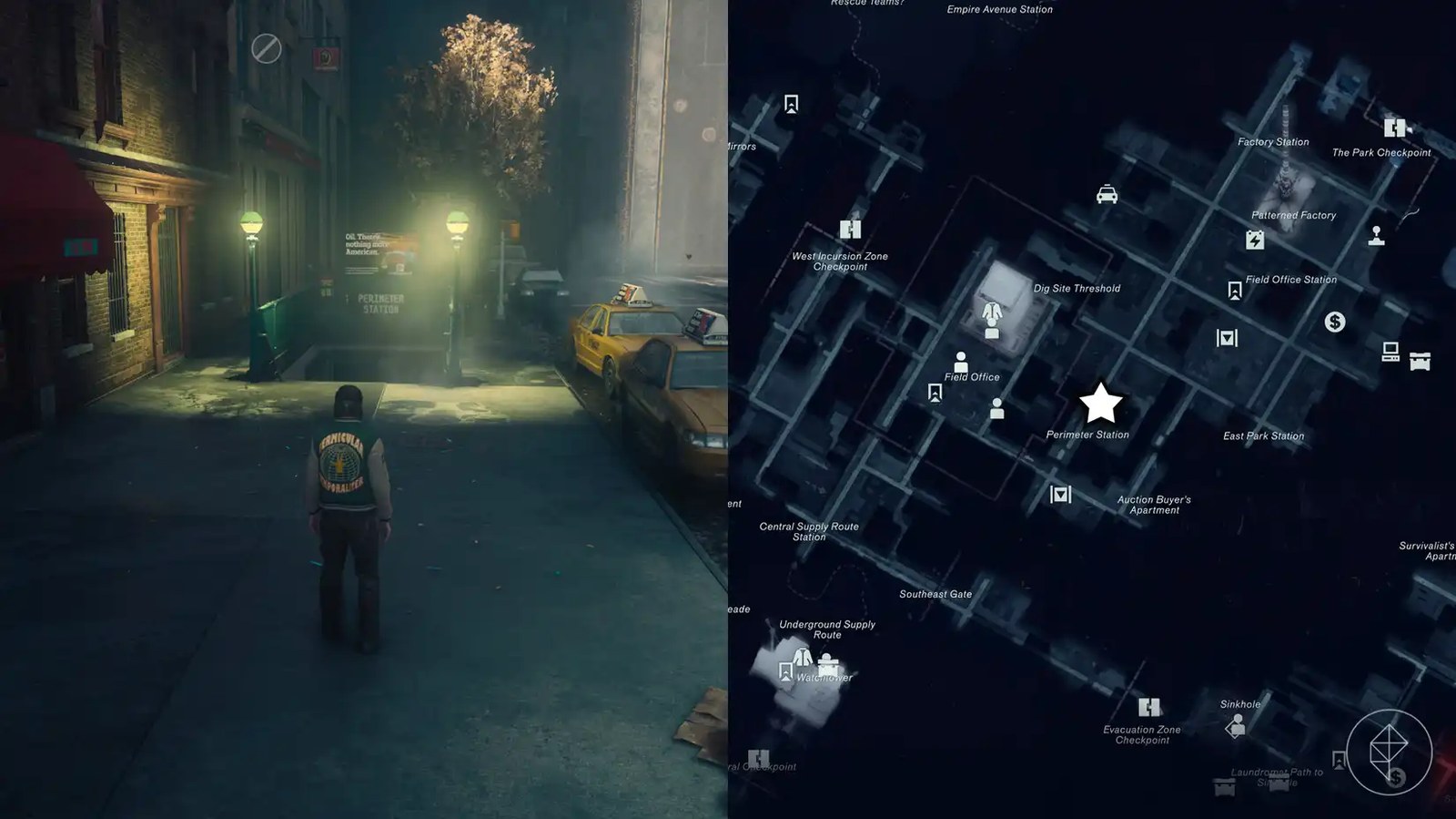 Dylan standing in front of a subway entrance to Perimeter Station in Control Resonant.