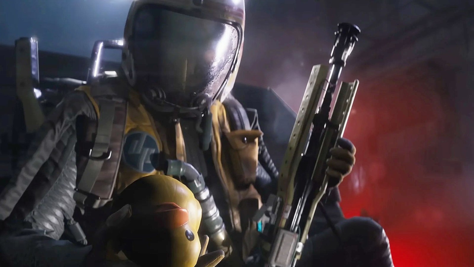 Arc Raiders: A character wearing what looks like a space helmet, crouched behind cover holding a gun in their left hand and a rubber duck in their right hand.