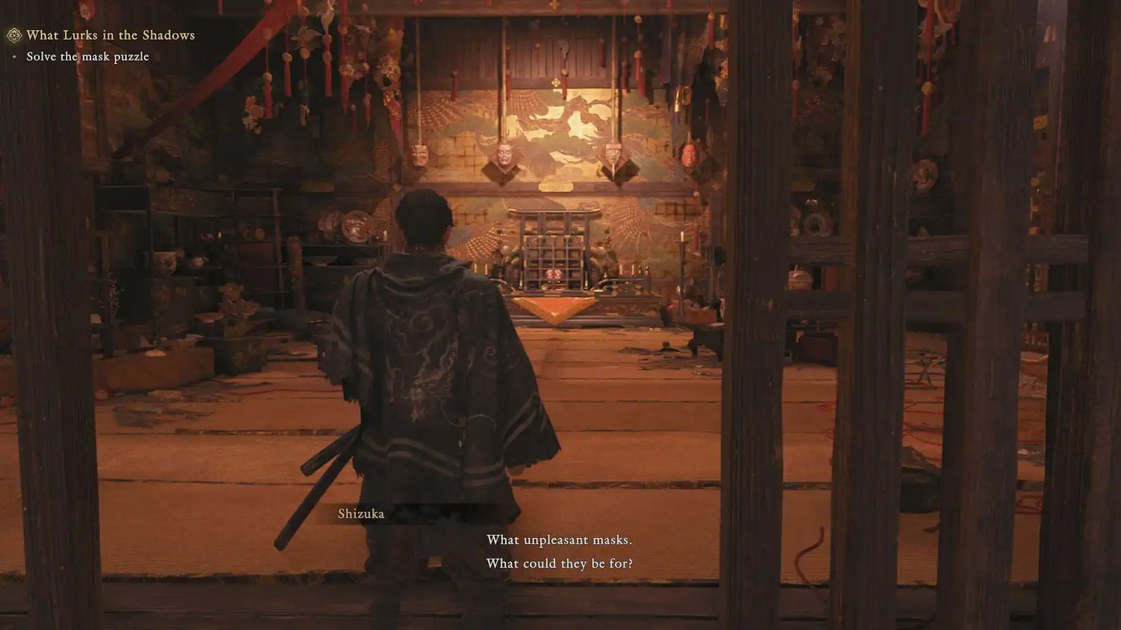A Onimusha: Way of the Sword screenshot showing Musashi in the mask puzzle room