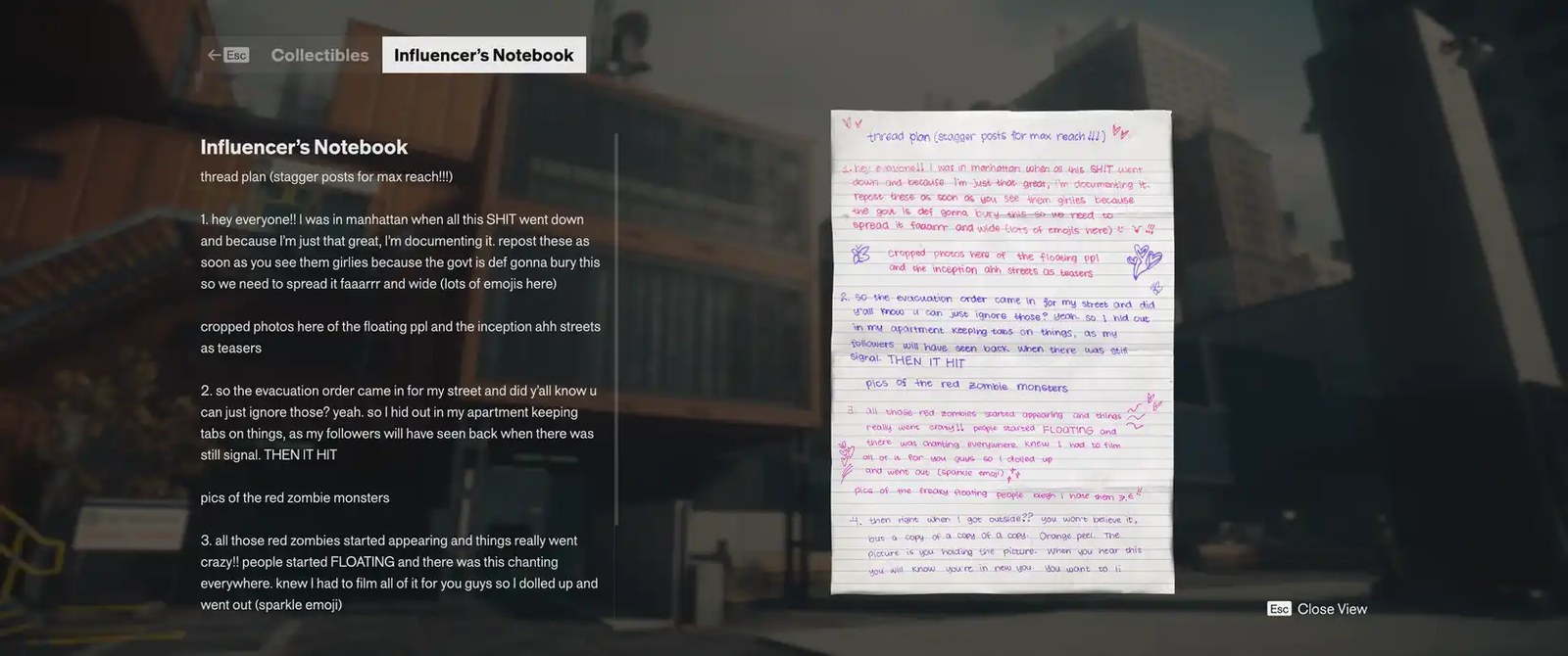 A page of lore in Control Resonant shows an influencer's notebook.
