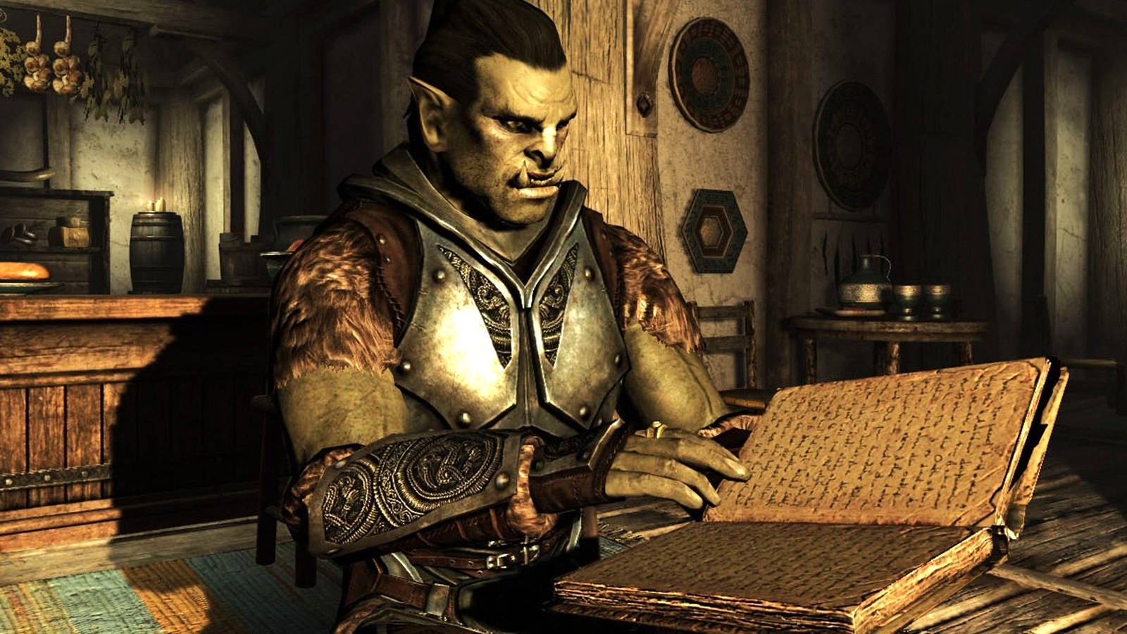 Orc reading a book in Skyrim