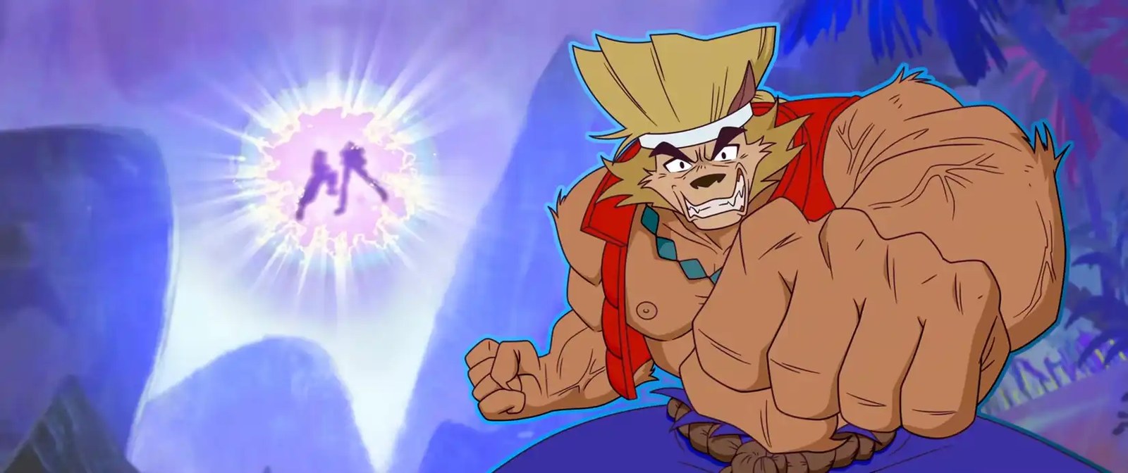 A scene from the animated movie Forgotten Island shows one of the characters, a were-dog named Raww, as he imagines himself, as a mashup of Street Fighter characters