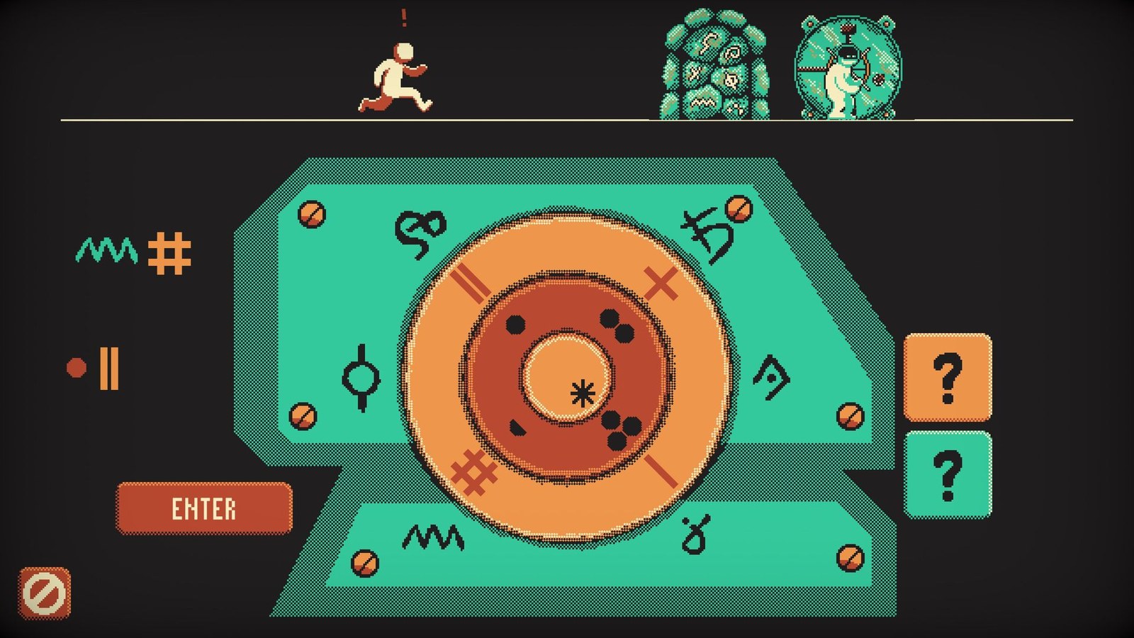 A screenshot showing a tumbler puzzle, above which is a representation of a guard running to catch a burglar attempting to open a locked vault door.