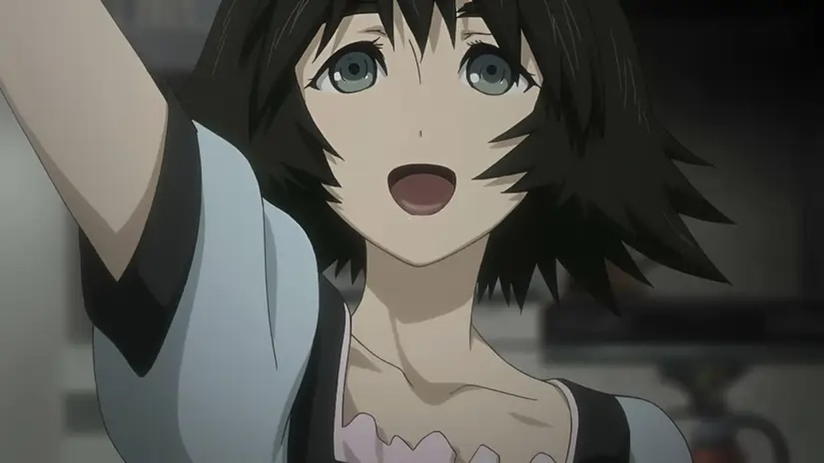 Mayuri smiles while extending her hand in Steins;Gate