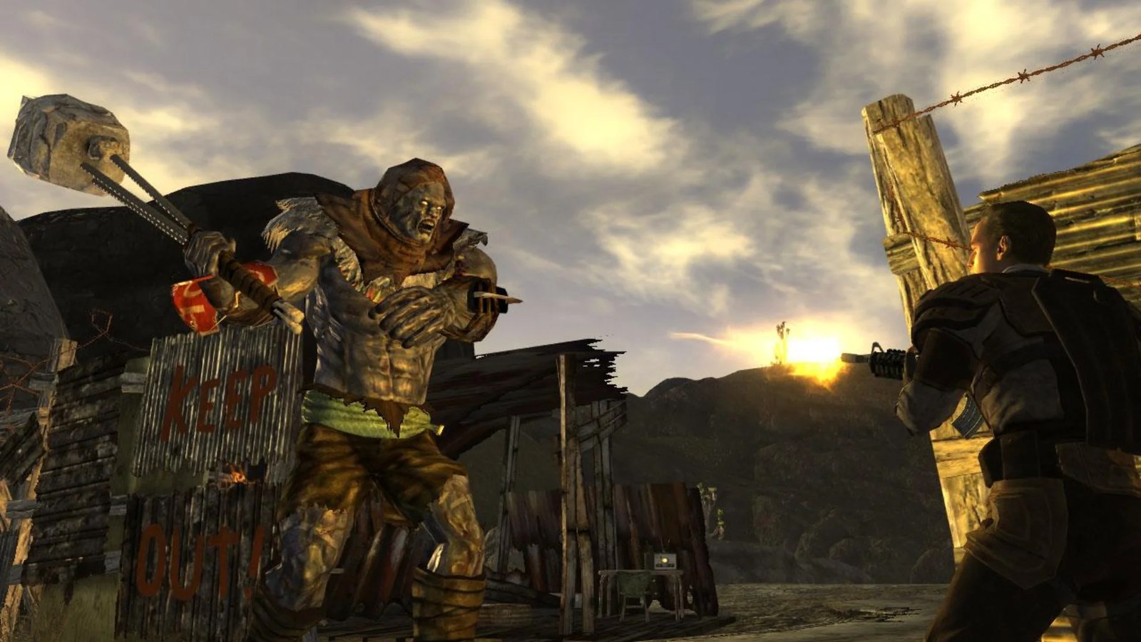 An NCR ranger fights a nightkin in Fallout: New Vegas.
