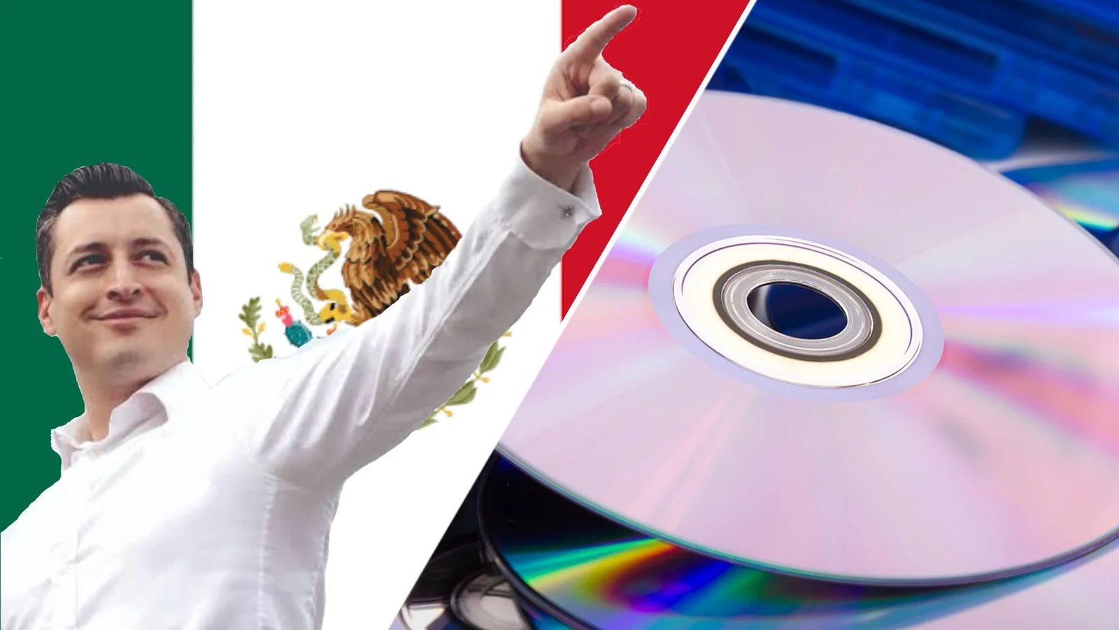Custom header showing stack of discs, Mexican senate member luis donaldo colosio riojas, and the mexican flag split background.
