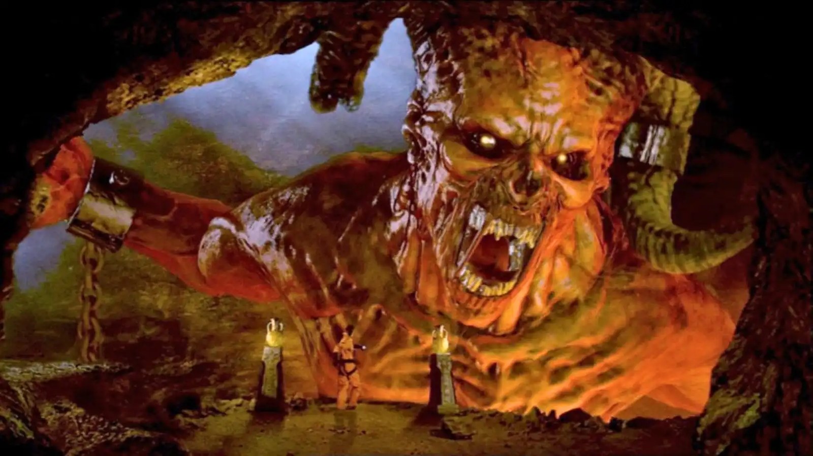 Doctor Who image of a giant, horned creature trying to lash out, but he is chained up.