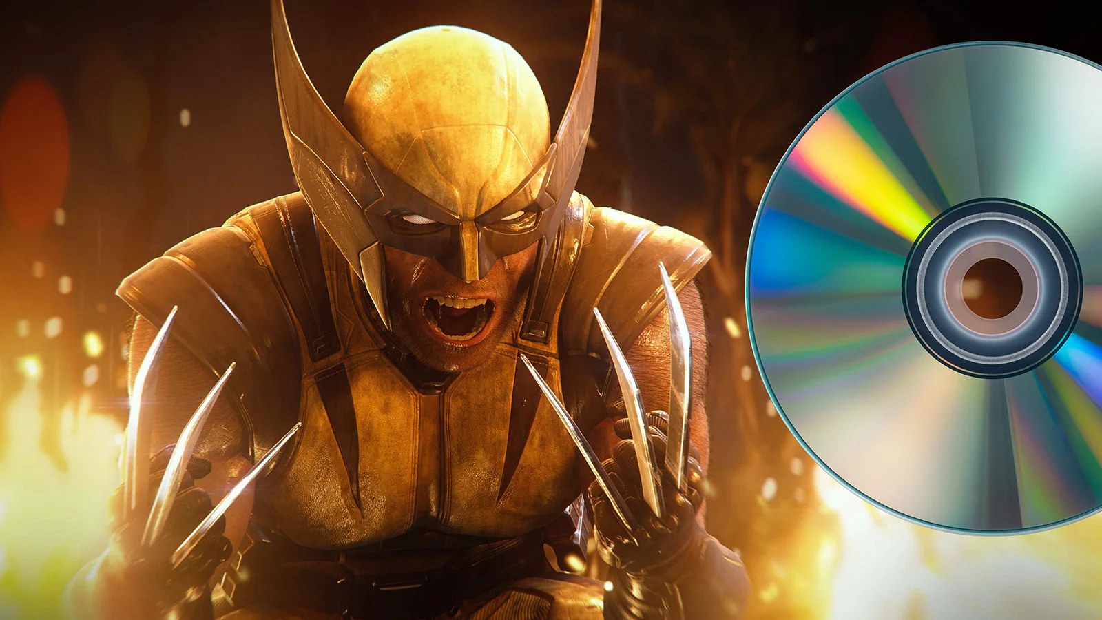 A costumed superhero wearing yellow and dark blue with sharp knife like claws - Wolverine - next to a DVD. They're not in the same universe. Or are they?