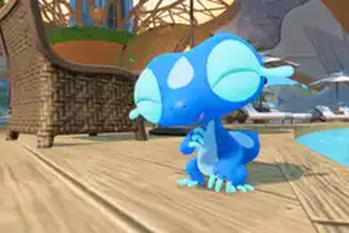 Pokemon Winds and Waves' Gecqua, the water-based starter, smiles with its eyes closed.