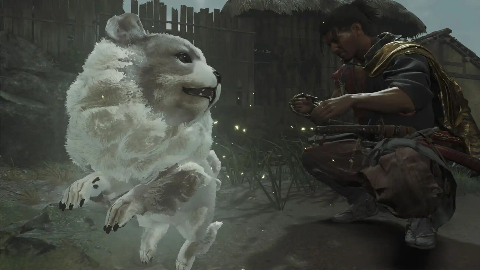 A Onimusha: Way of the Sword screenshot showing Musashi near a Lion Dog