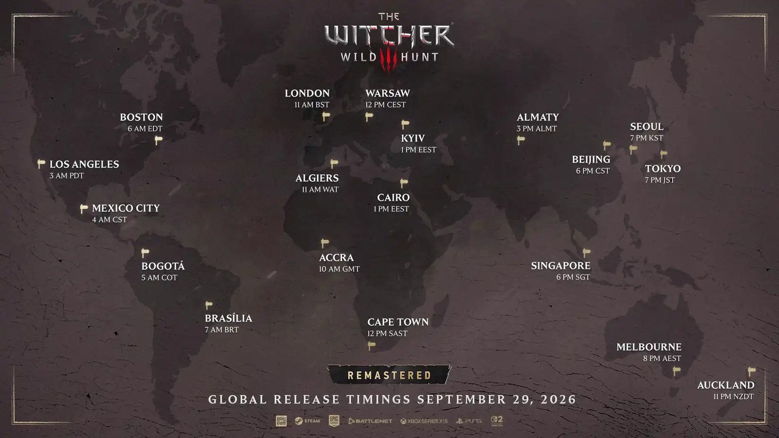 An image showing The Witcher 3 Remastered's release times