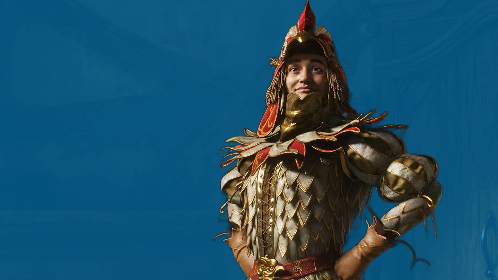 Fable hero stands proudly in a chicken costume on top of a blue background.