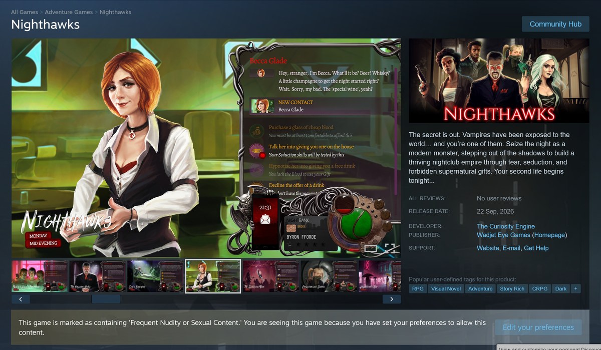 An image of the Nighthawks Steam page, showing its Adult Content label for "frequent nudity or sexual content."