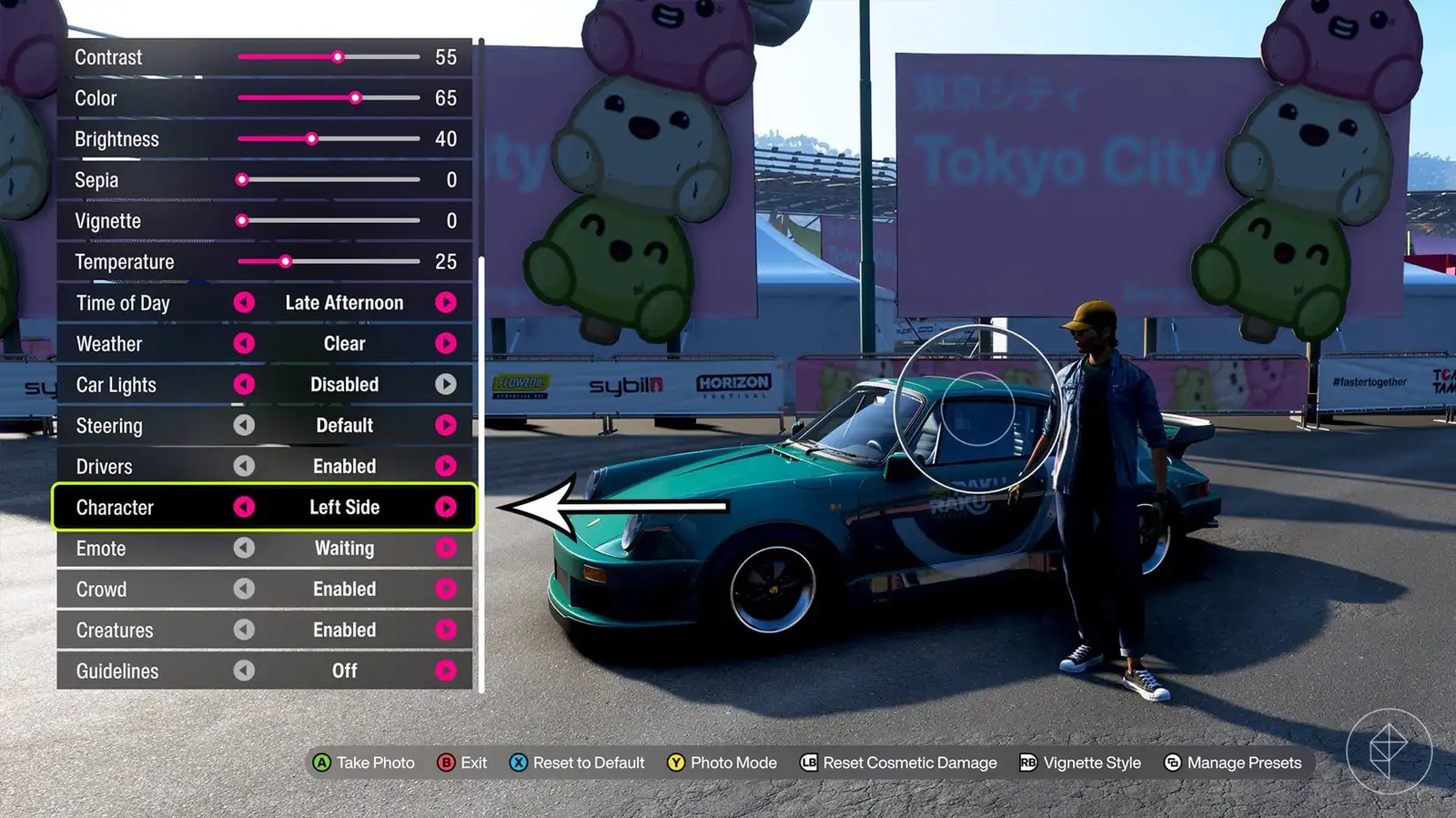 The Character setting in the Effects menu of Photo mode in Forza Horizon 6.