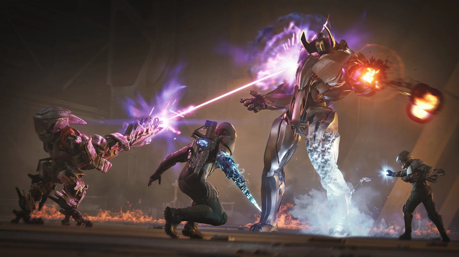 Exodus screenshot showing Jun Aslan and several of their companions locked in flashy combat with a towering robot-like Redeemer.