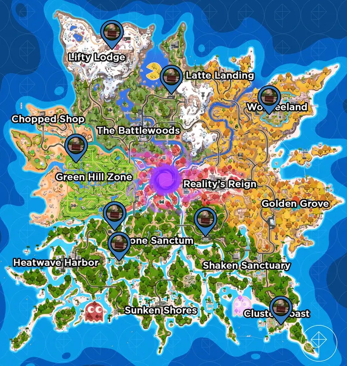 The Fortnite Chapter 7 Season 4 map marked with the locations of birthday cakes.