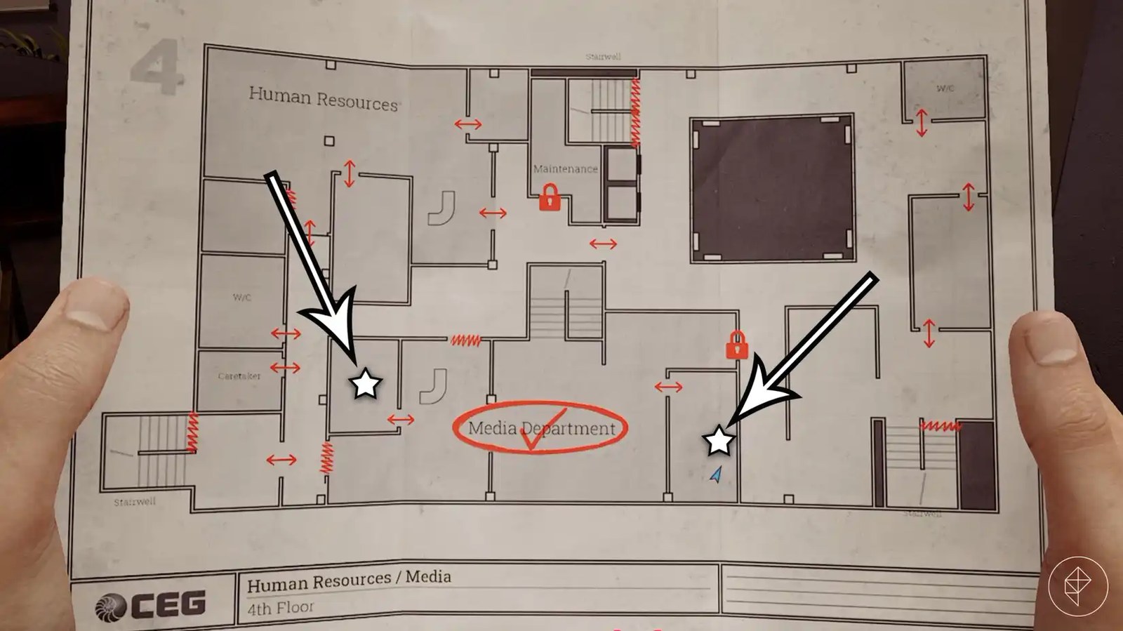 The locations of the projector lens and locker key during the projector puzzle in Silent Hill: Townfall.