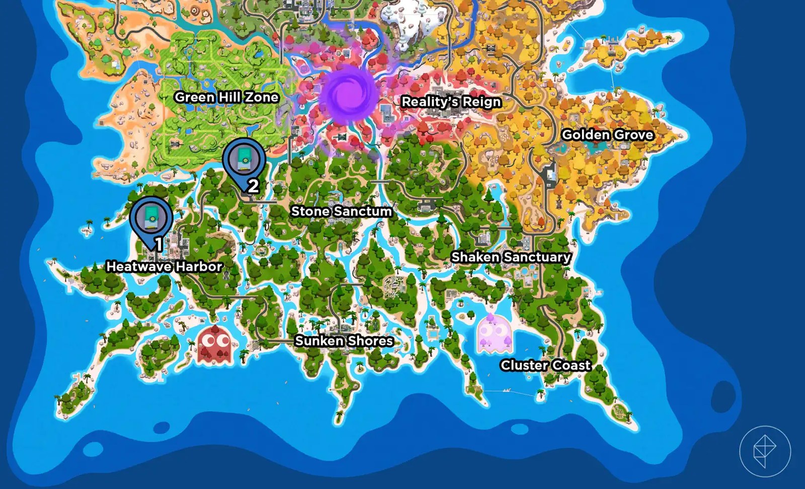 Two audio logs marked on the map of Fortnite Chapter 7 Season 4.