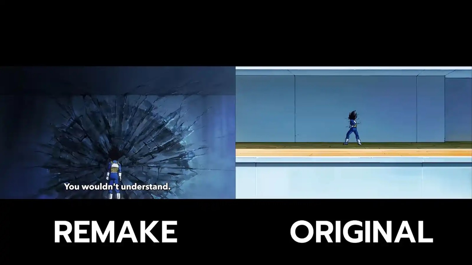 A comparison shot of Vegeta punching a wall in the Dragon Ball Super remake. 