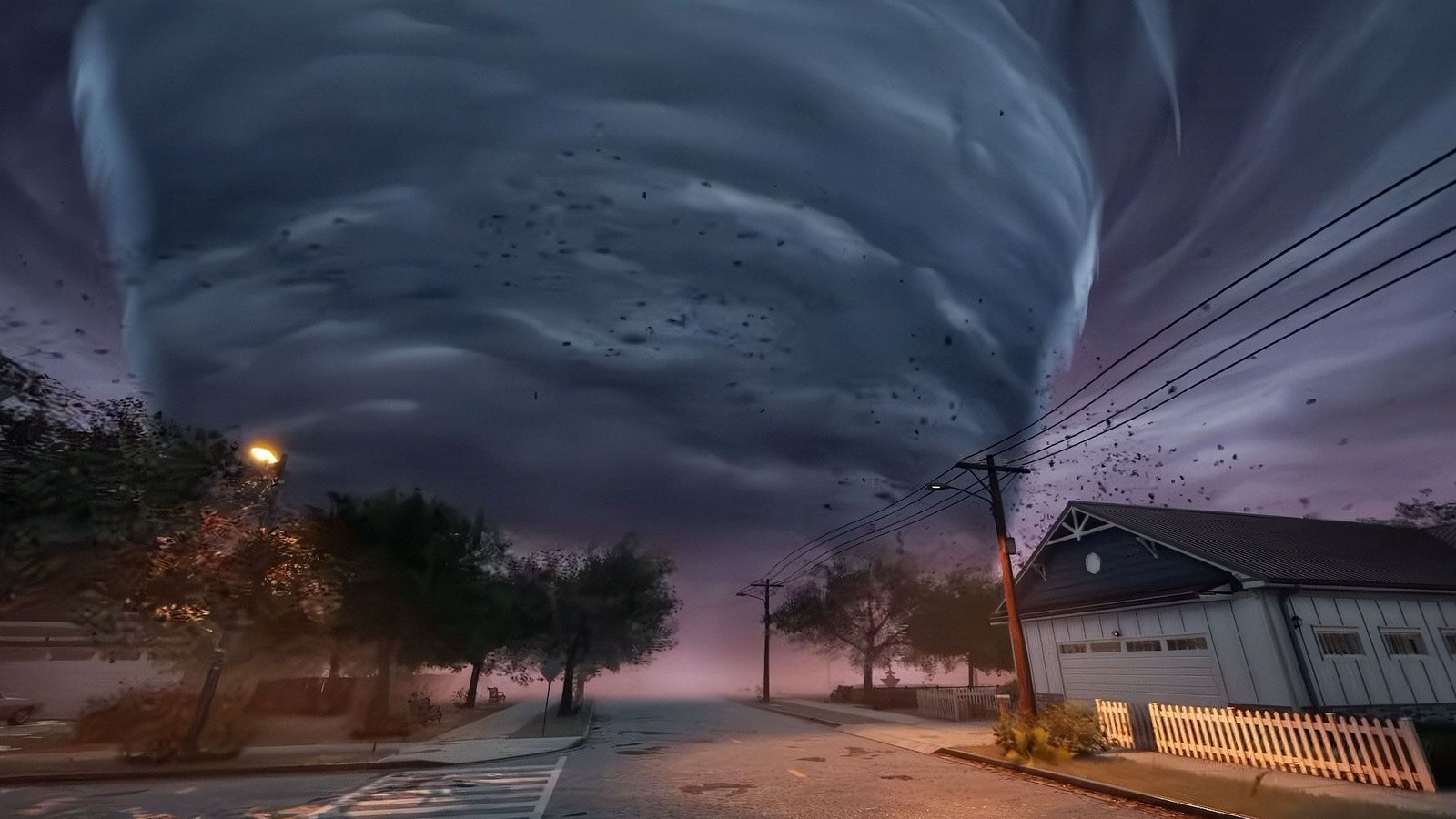 Funnel Runners - An EF5 tornado looms over a town. It takes up almost the entire width of the screen.