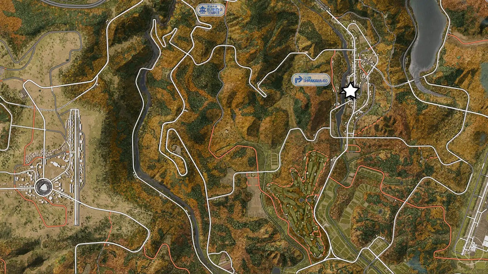 A Forza Horizon 6 screenshot showing on the in-game map the location of the Shirakawa-go village