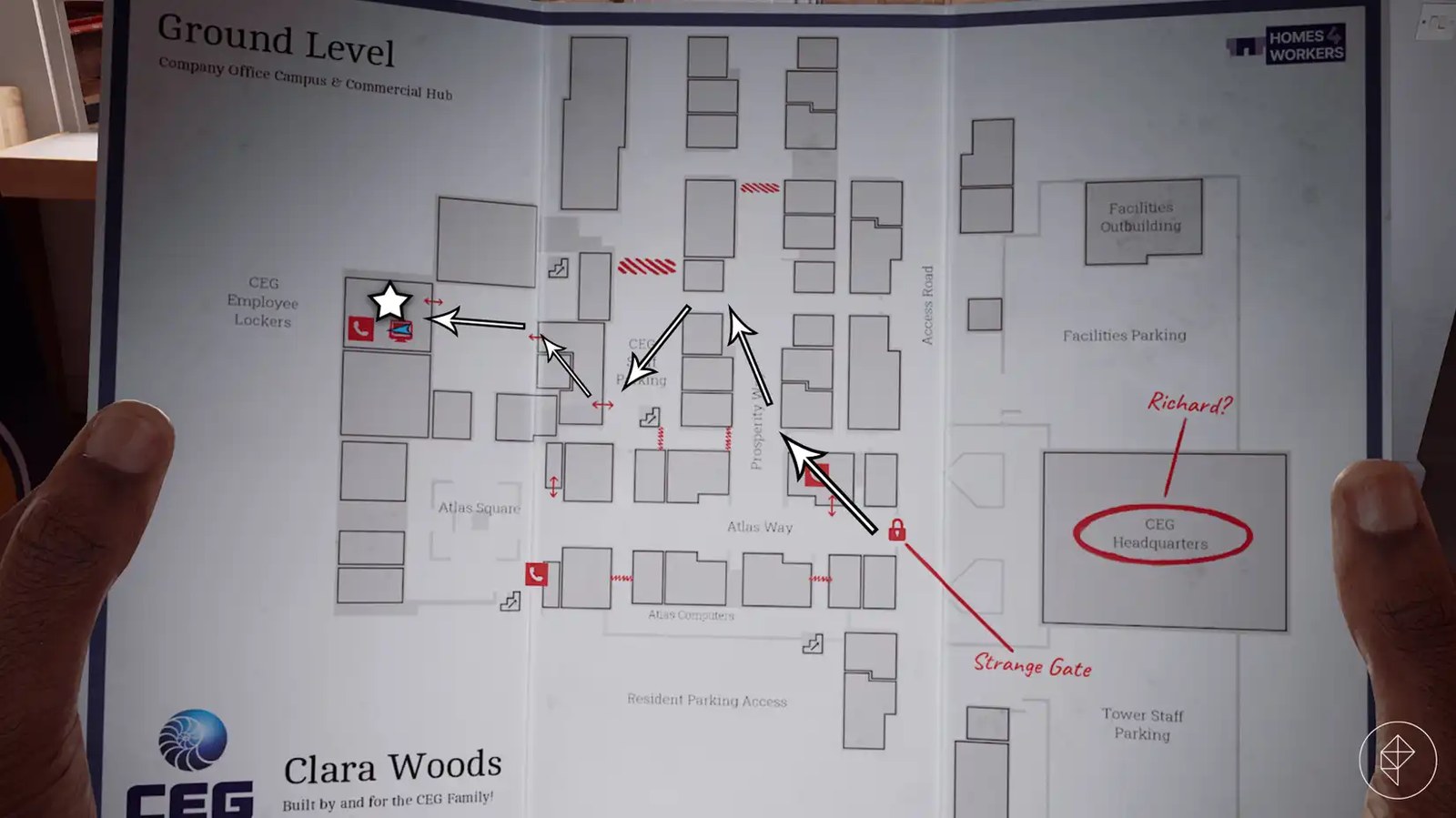 The path from the Atlas Way gate to the CEG Employee Lockers in Silent Hill: Townfall.