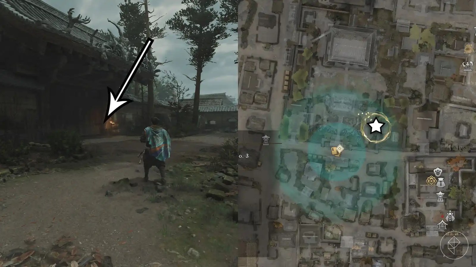 A montage using two Onimusha: Way of the Sword screenshots showing where to find a hidden treasure
