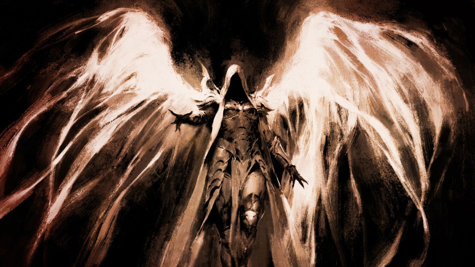 Diablo 5 angel character concept art featuring a winged figure wearing a cloak reaching out toward the viewer. 