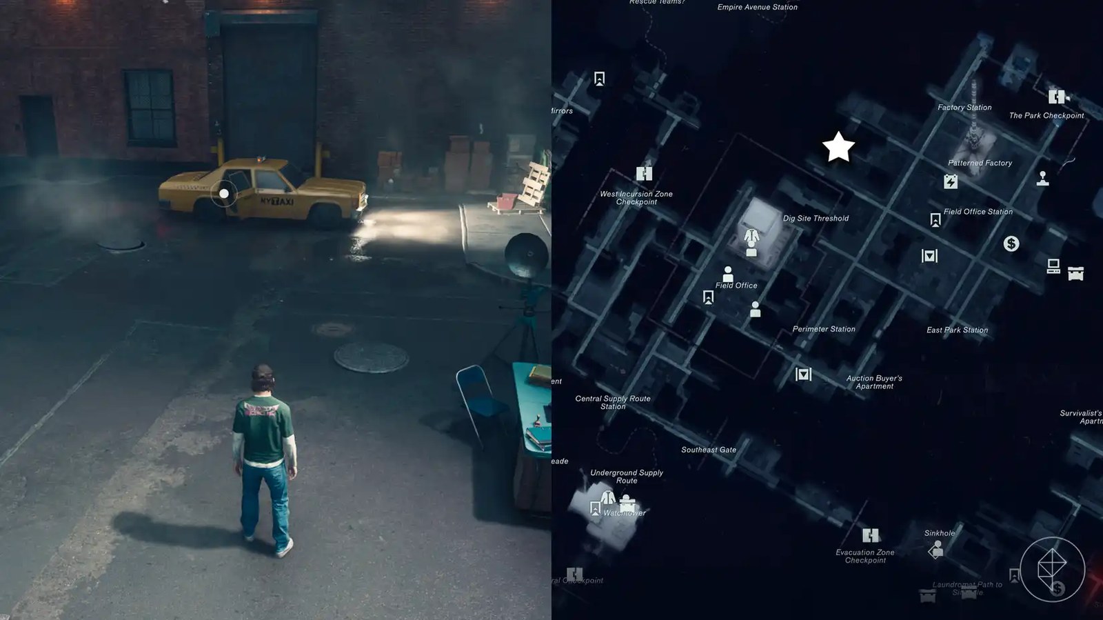 Dylan standing in front of a taxi in Central in Control Resonant.