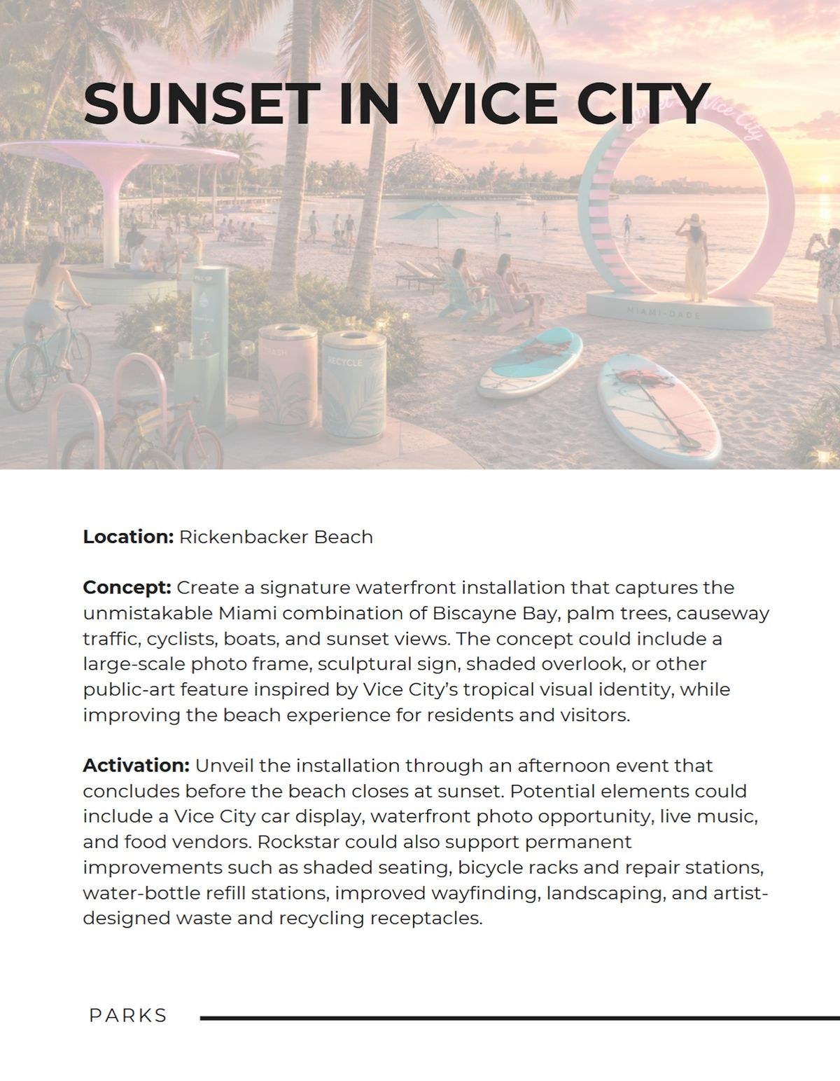 Sunset in Vice City page from GTA 6 x MDC pitch deck proposing Grand Theft Auto 6 collaboration between Miami-Dade and Rockstar