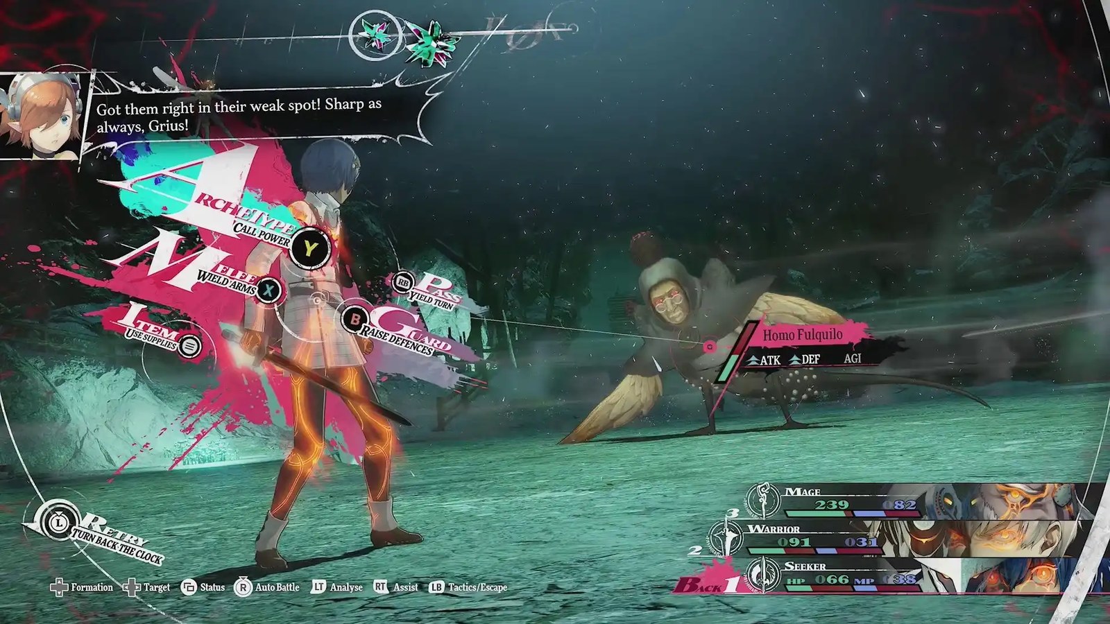 The protagonist of Metaphor: ReFantazio faces a Homo Fulqiolo (a human, bird hybrd monster) in battle