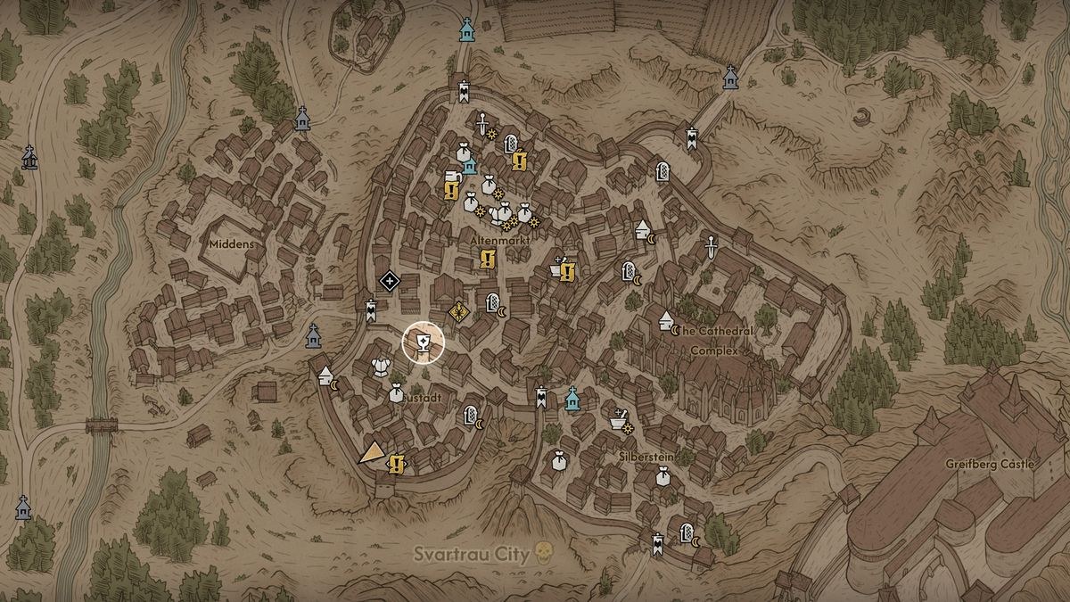 The Blood of Dawnwalker - Map of Svartrau city with the Silver Trader highlighted in the southwest corner
