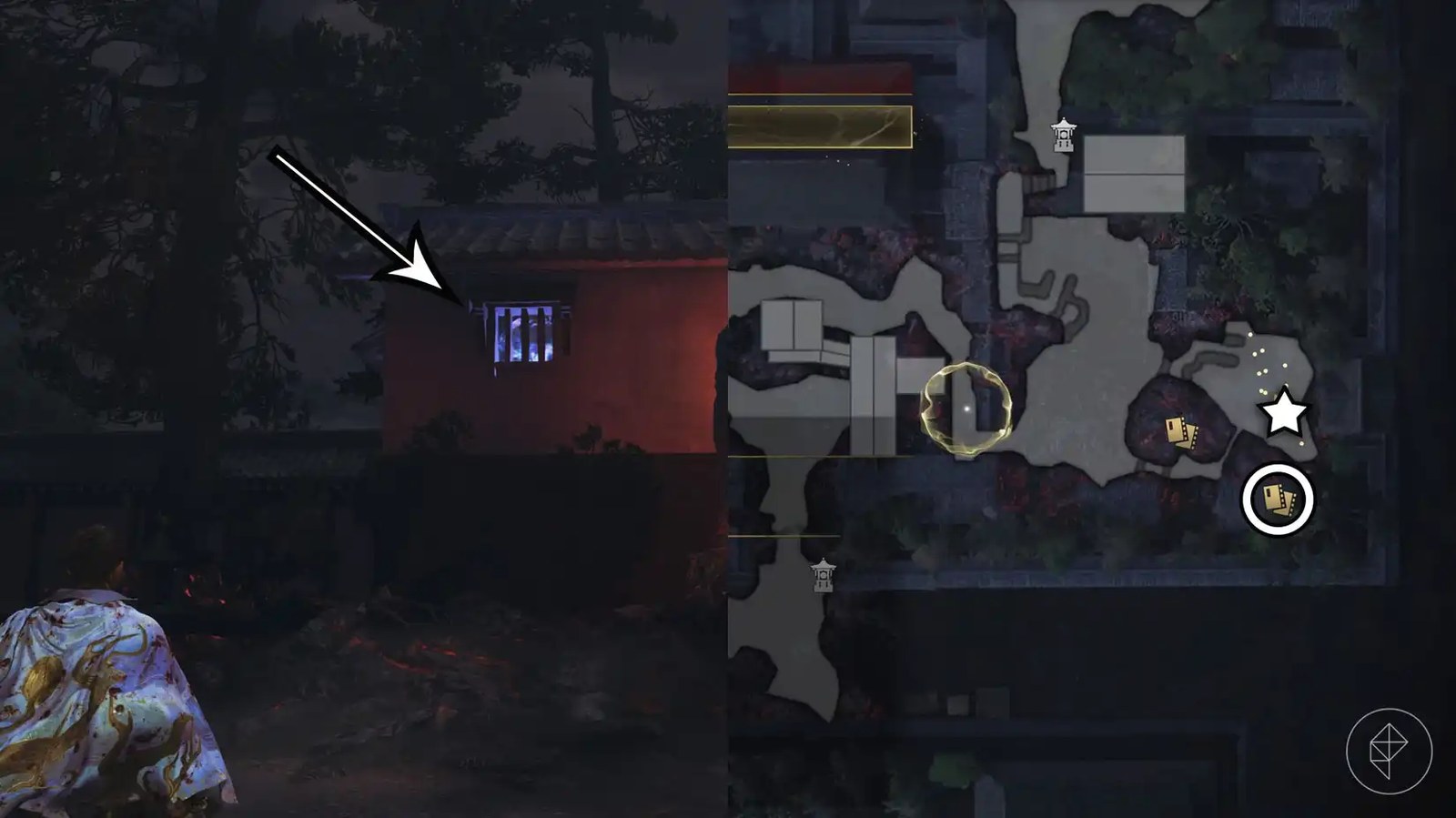 A montage using two Onimusha: Way of the Sword screenshots showing where to find a Kubi Akari
