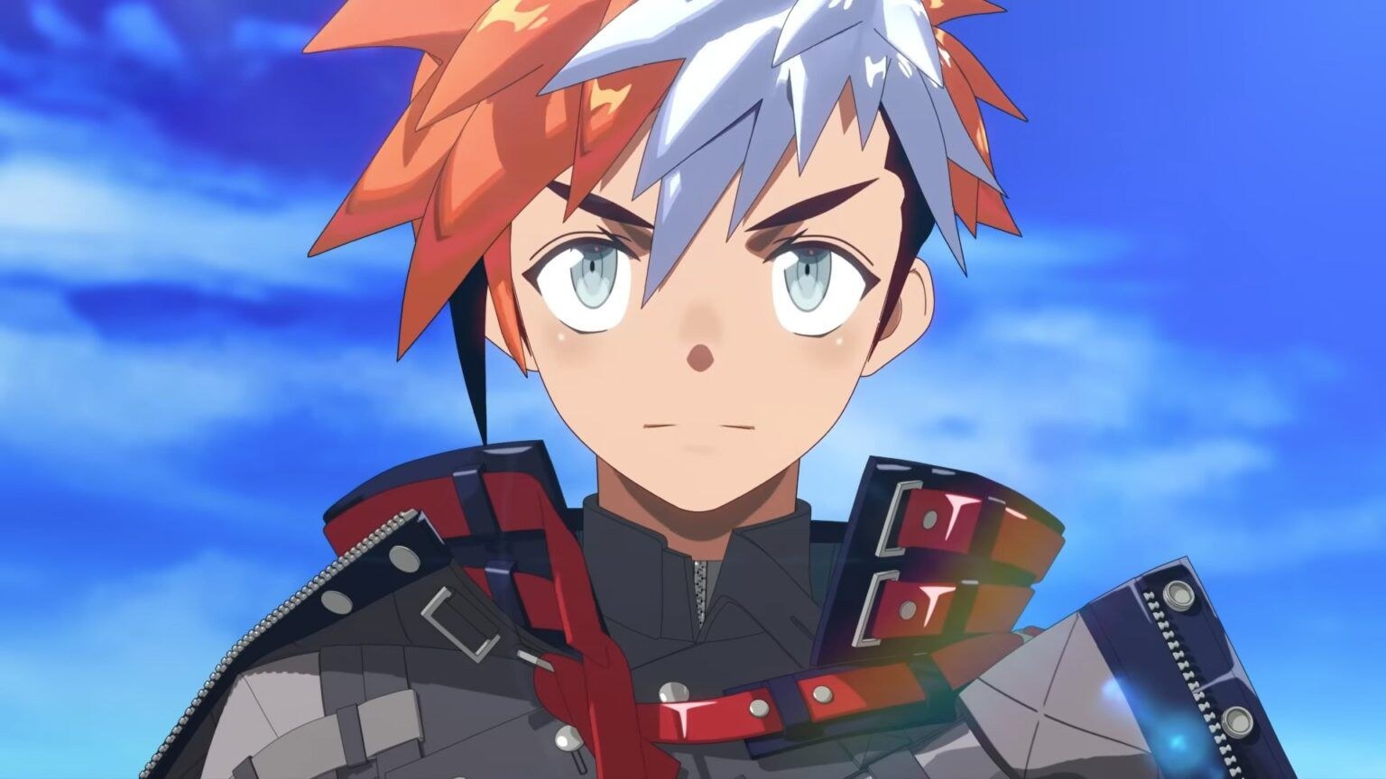 An anime lad with spiky, white and orange hair looks toward the camera.