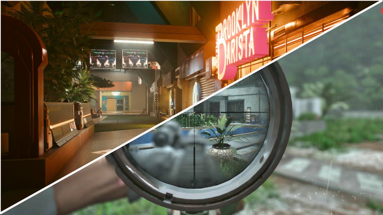 Two games in a splitscreen showing certain graphical effects.