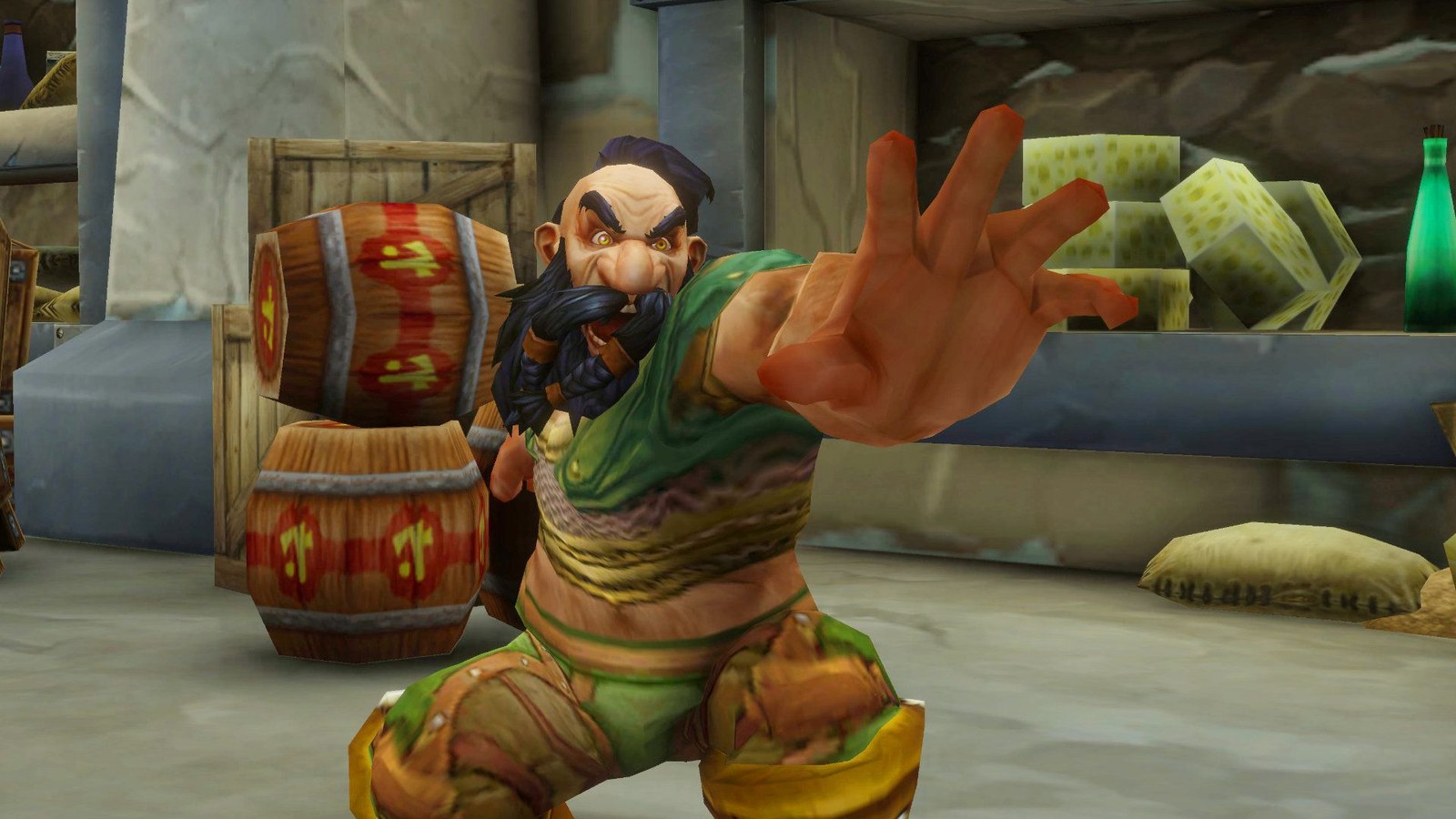 A screenshot of the World of Warcraft: Forever beta. A Dwarf raises his hand toward the screen with an angry look on his face.