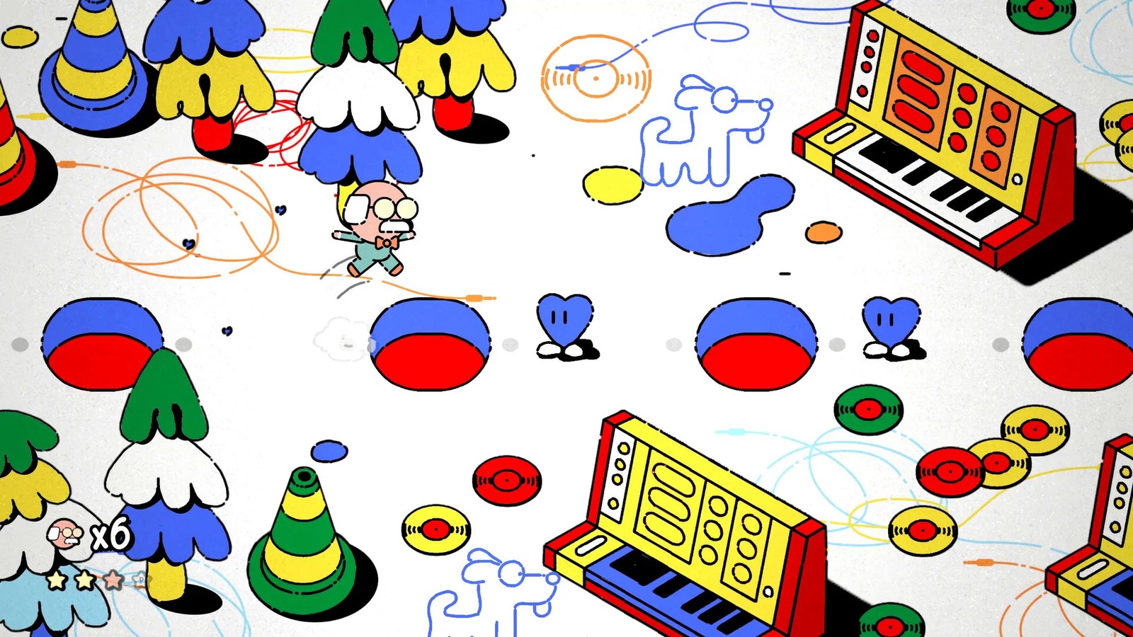 George jumps through a colourfal fantasyscape in one of Mr. Records' rhythm sequences.
