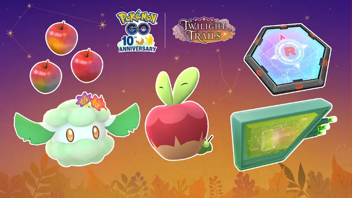 Apple, Cottonee with a flower crown, a Super Rocket Radar, some apples, and Mossy Lure Module in Pokémon Go