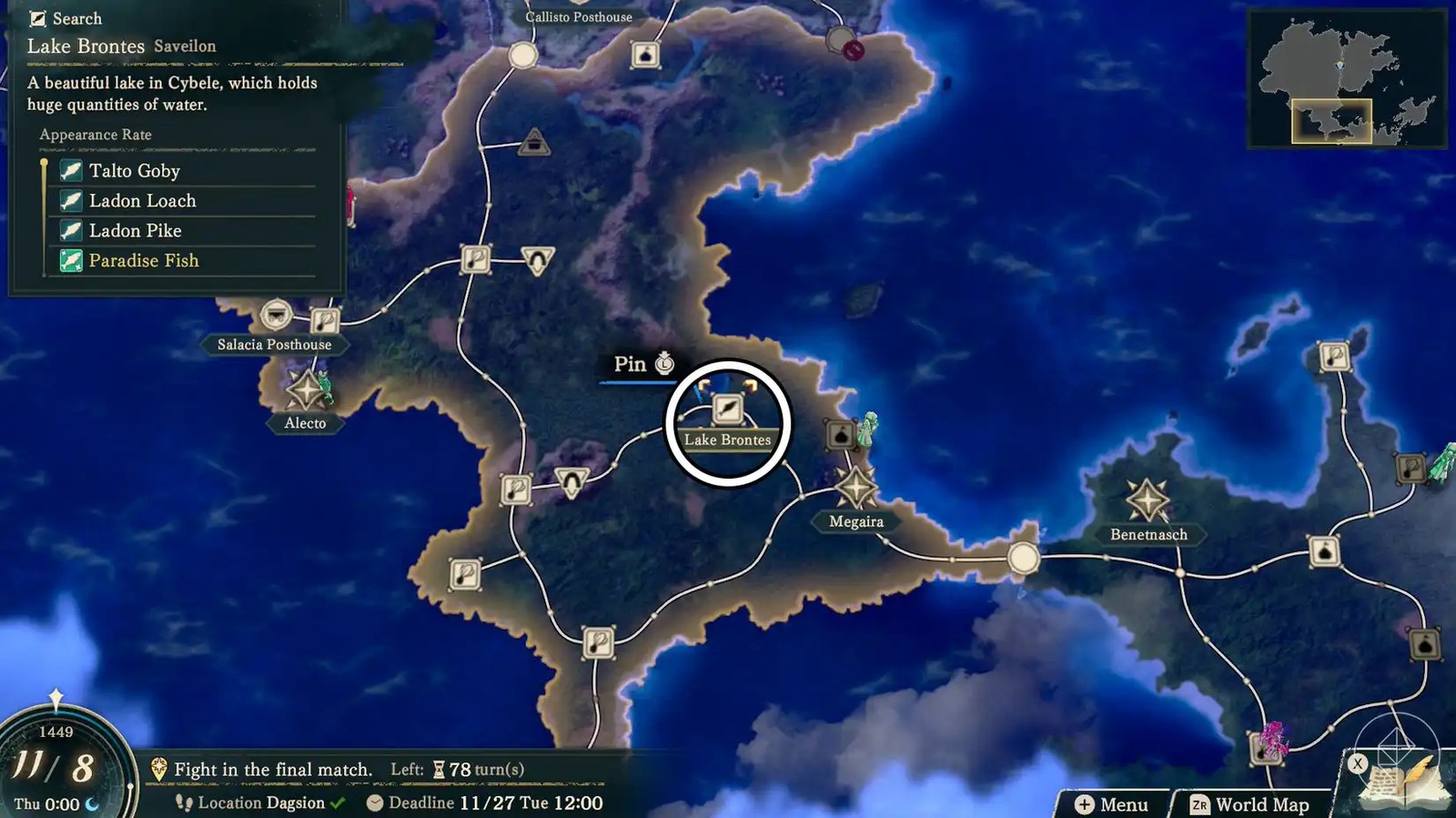A Fire Emblem: Fortune's Weave screenshot showing the location of Lake Brontes, where you can find paradise fish