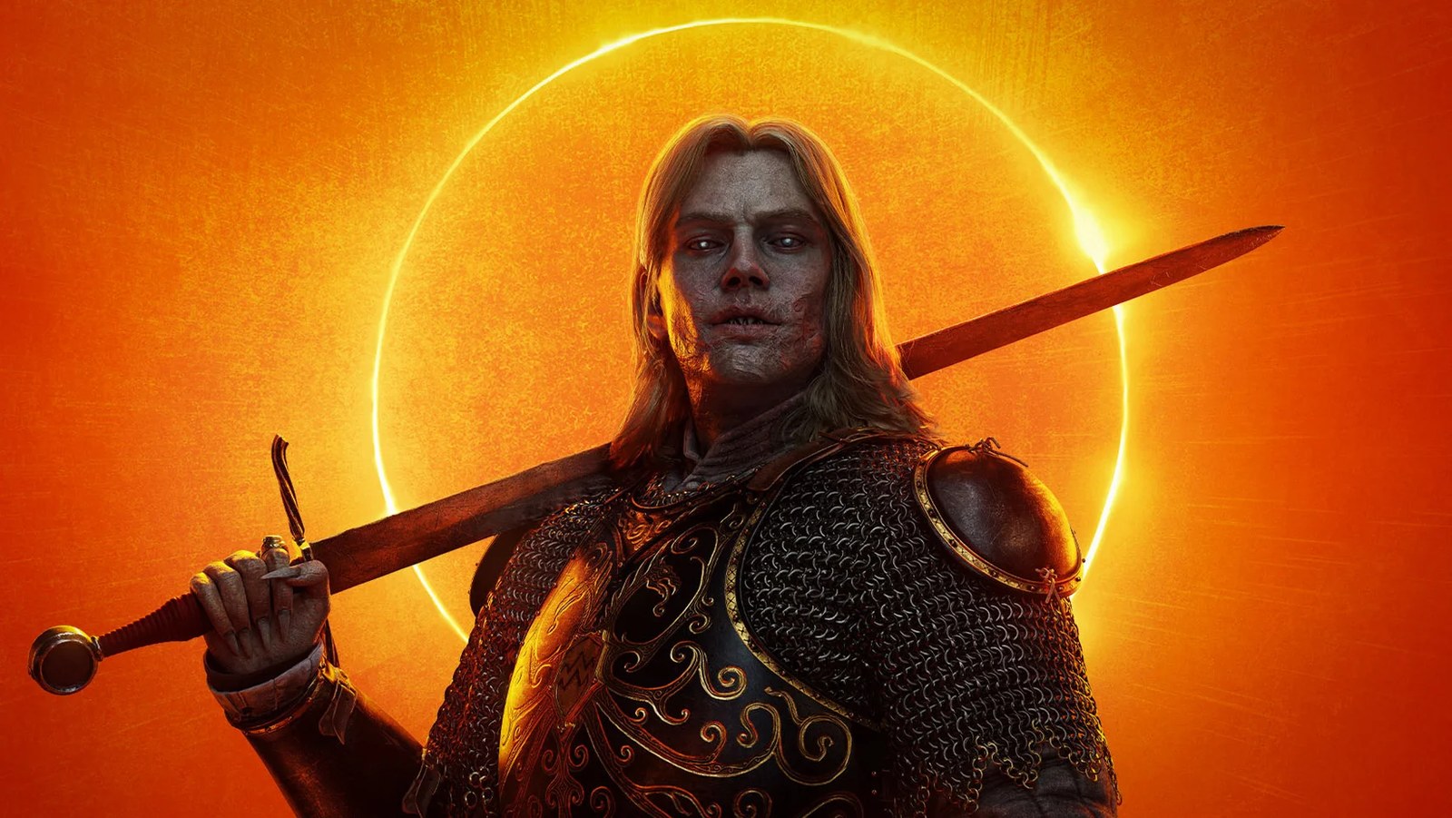 A blonde and long-haired knight with a sword resting over one shoulder. Half of their face is decaying. They are a vampire. Behind them, an eclipse can be seen.