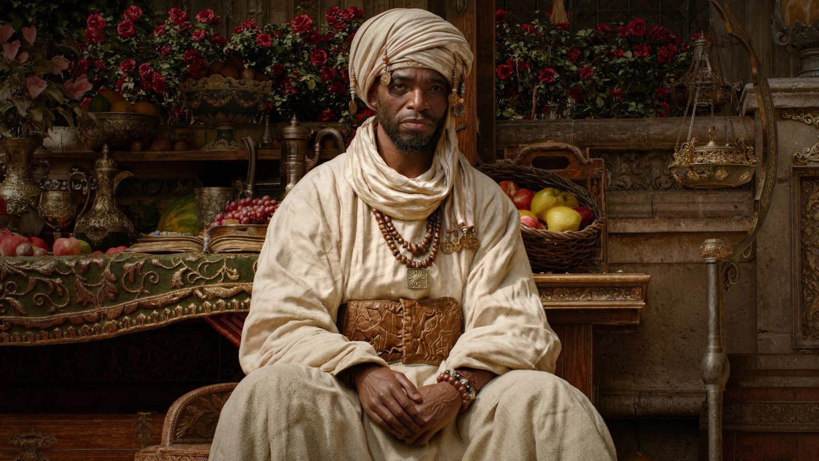 A dark-skinned man with a cream-coloured loose-fitting robe on, and turban, sits looking at the camera with a neutral expression. Behind him, a table of fruits and flowers is laid out. It's a detailed image.