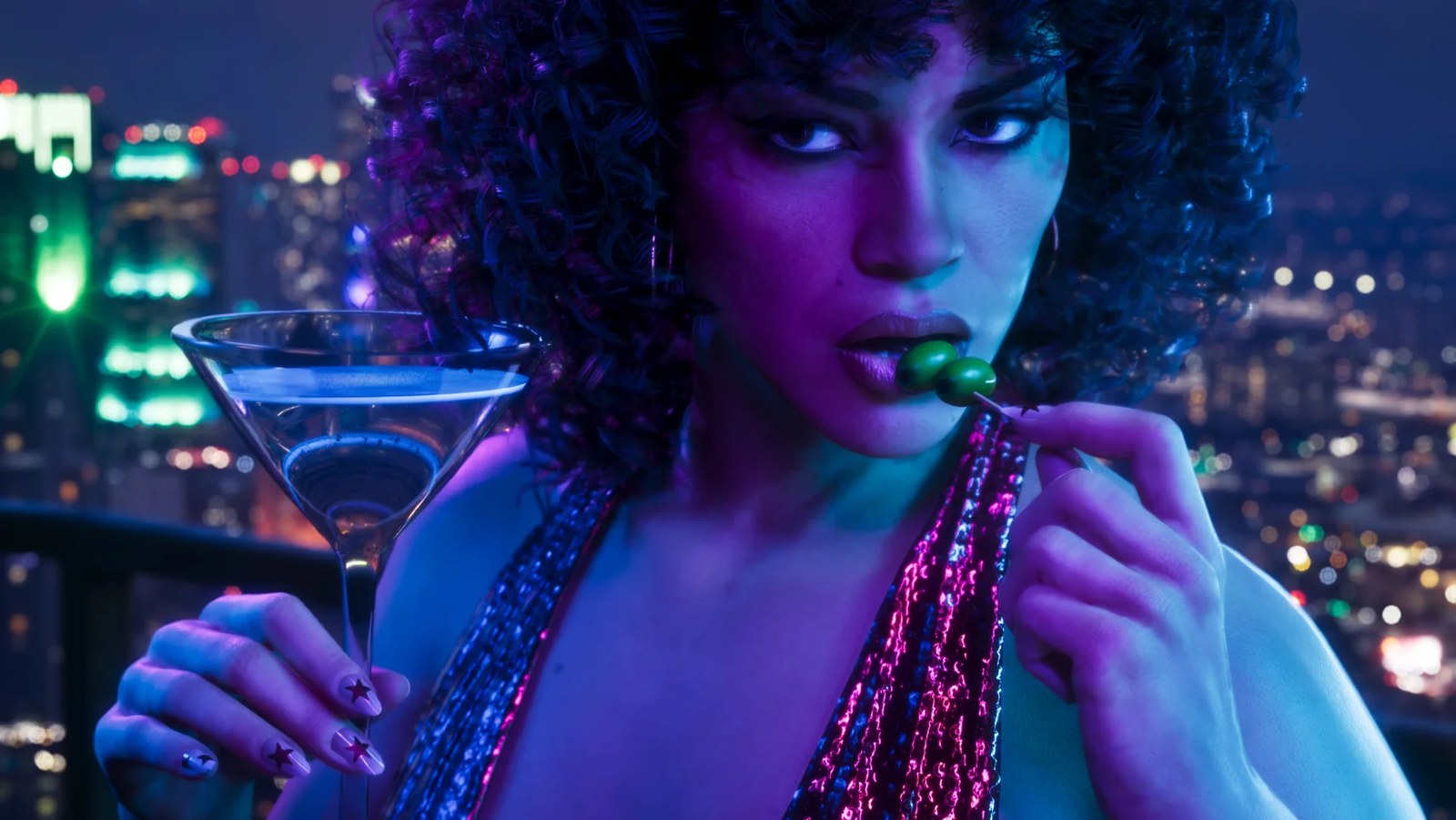 Official GTA 6 image showing Lucia looking at the camera while eating olives from a cocktail at night, above the skyline