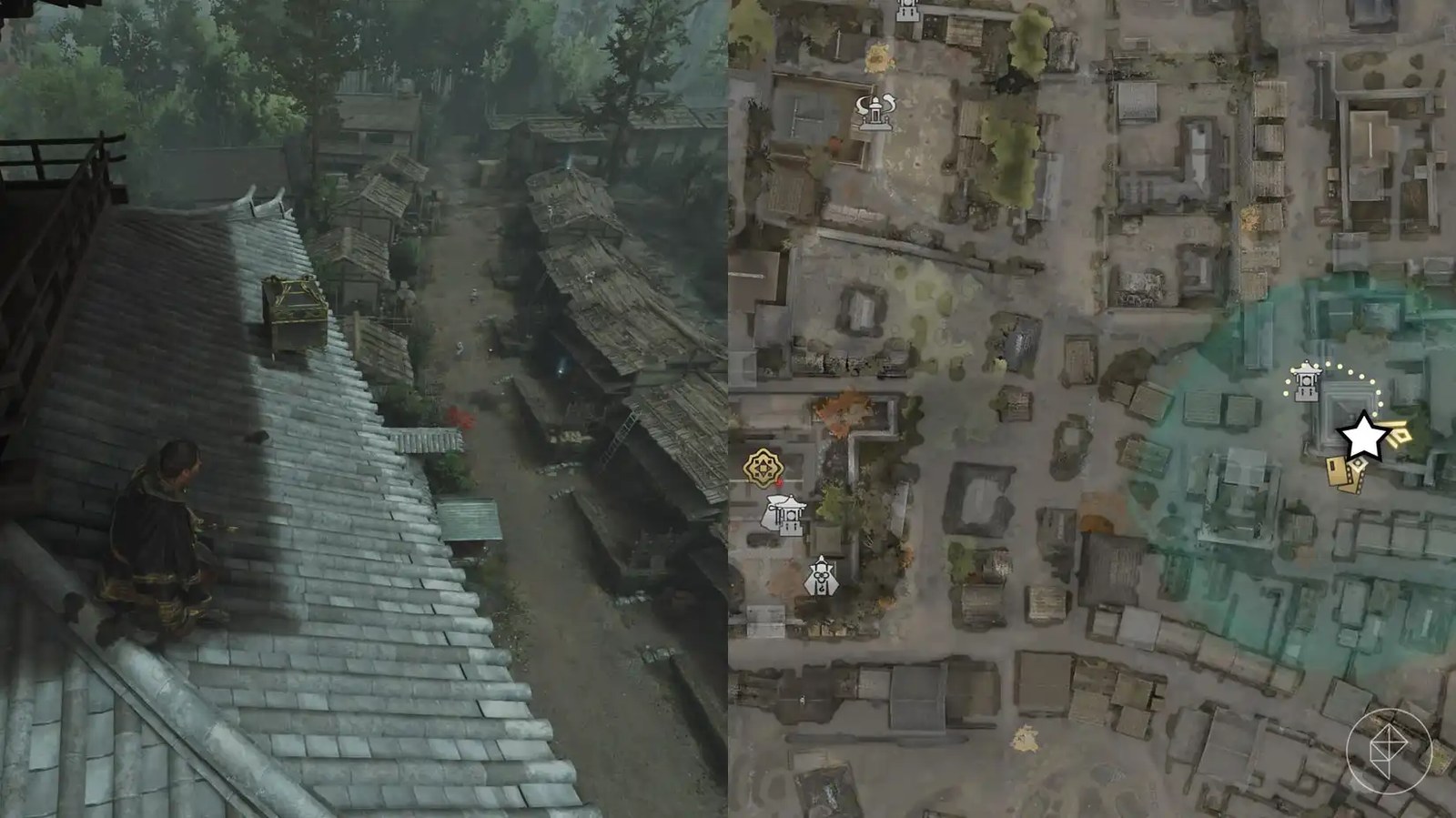 A montage using two Onimusha: Way of the Sword screenshots showing where to find a hidden treasure