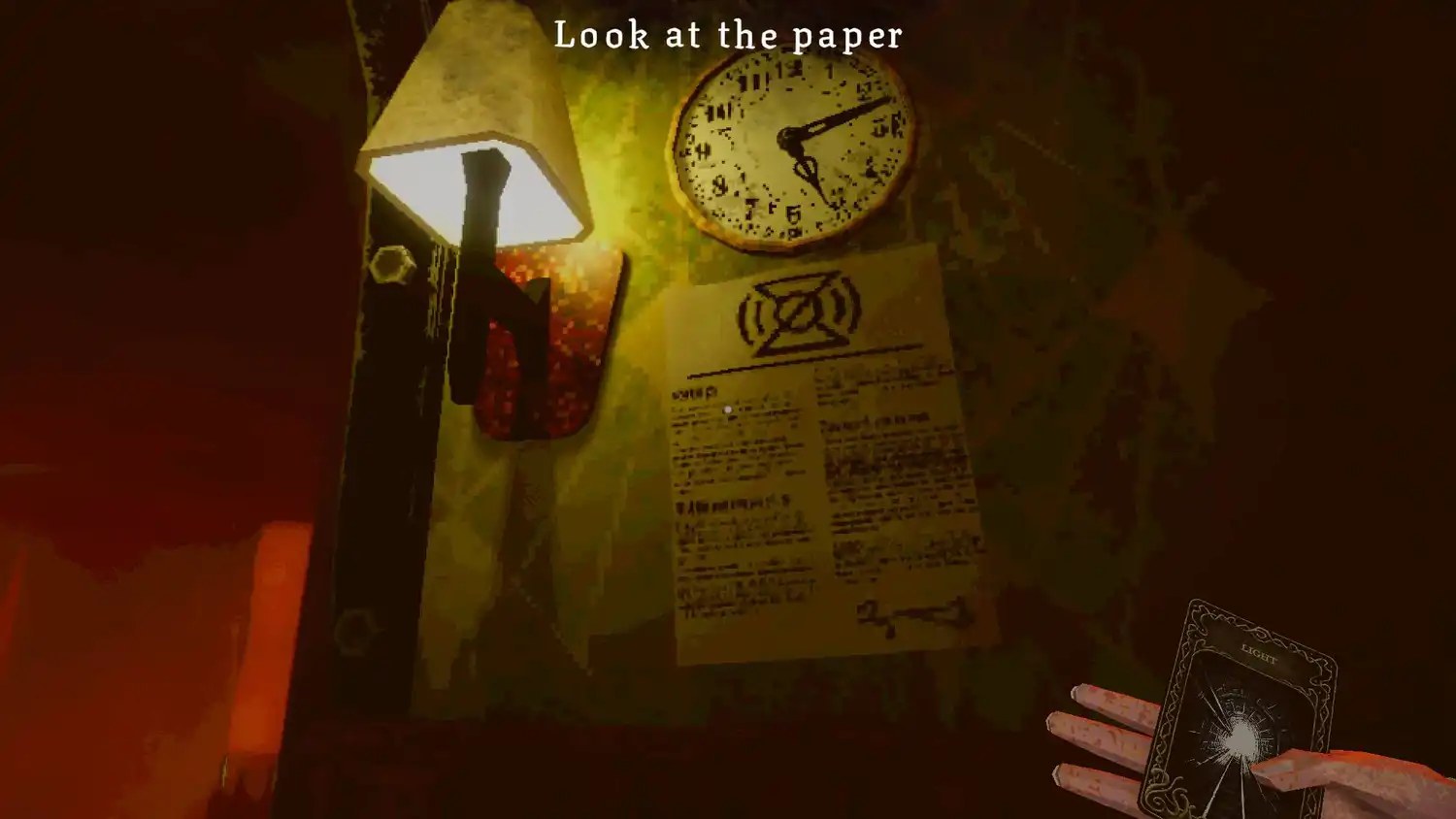 A piece of paper beneath a clock on a wall in Dreadline Express.