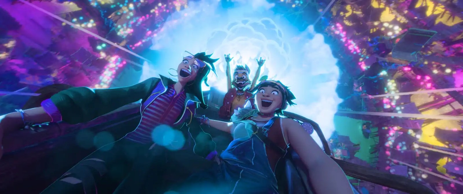 Filipino teenagers Raissa and Jo and their were-dog friend Raww scream with excitement while riding through a vivid neon tunnel in Forgotten Island