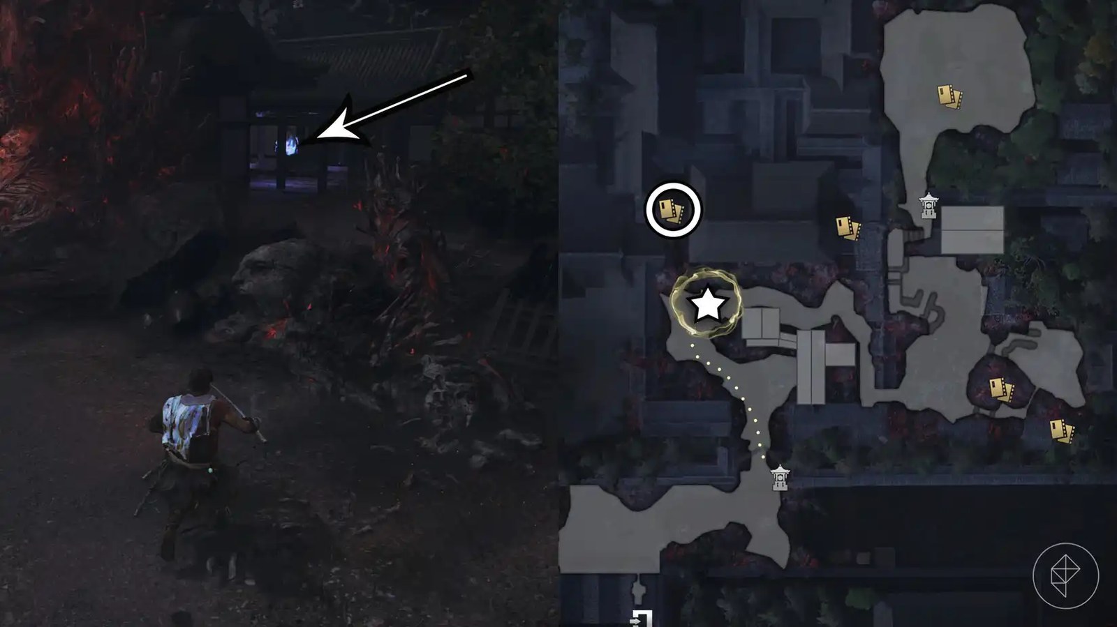 A montage using two Onimusha: Way of the Sword screenshots showing where to find a Kubi Akari